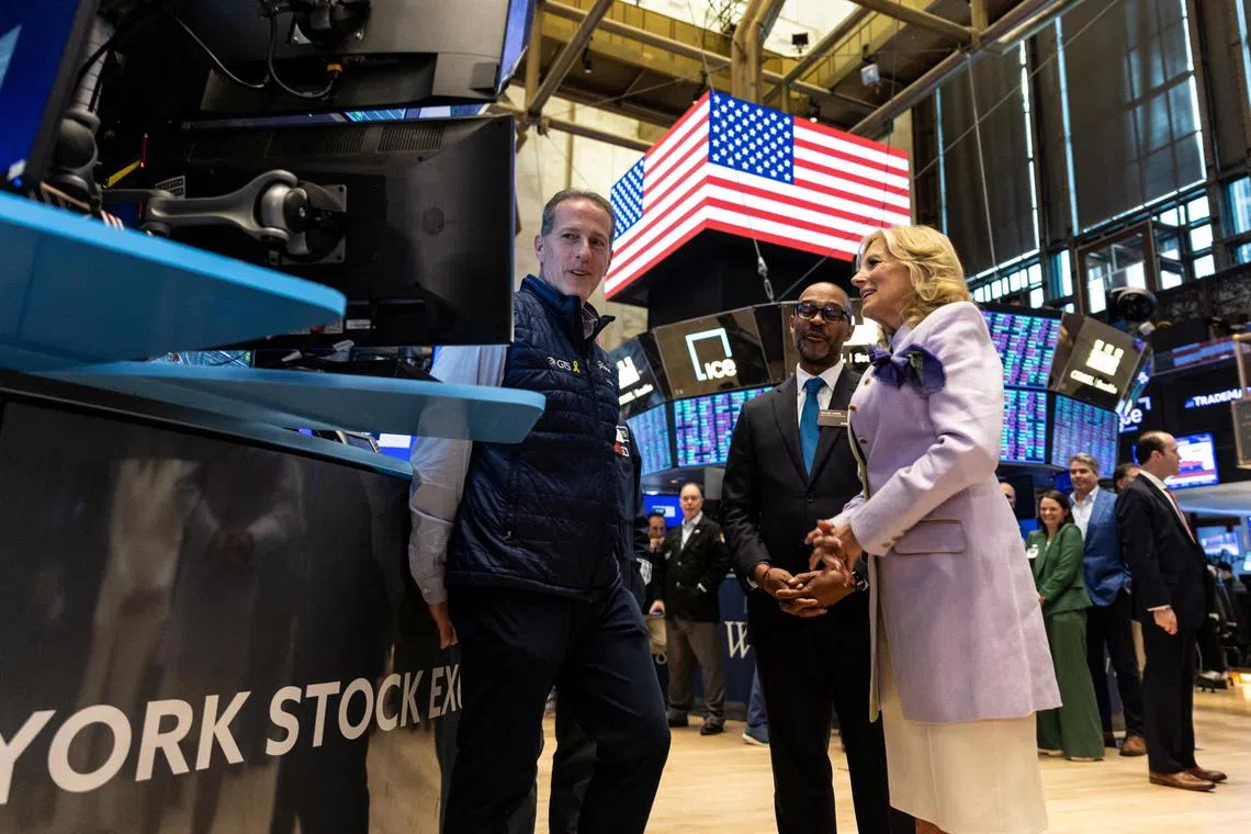US First Lady Jill Biden meeting traders on the floor of the New York Stock Exchange, in New York City, on May 1, 2024. 