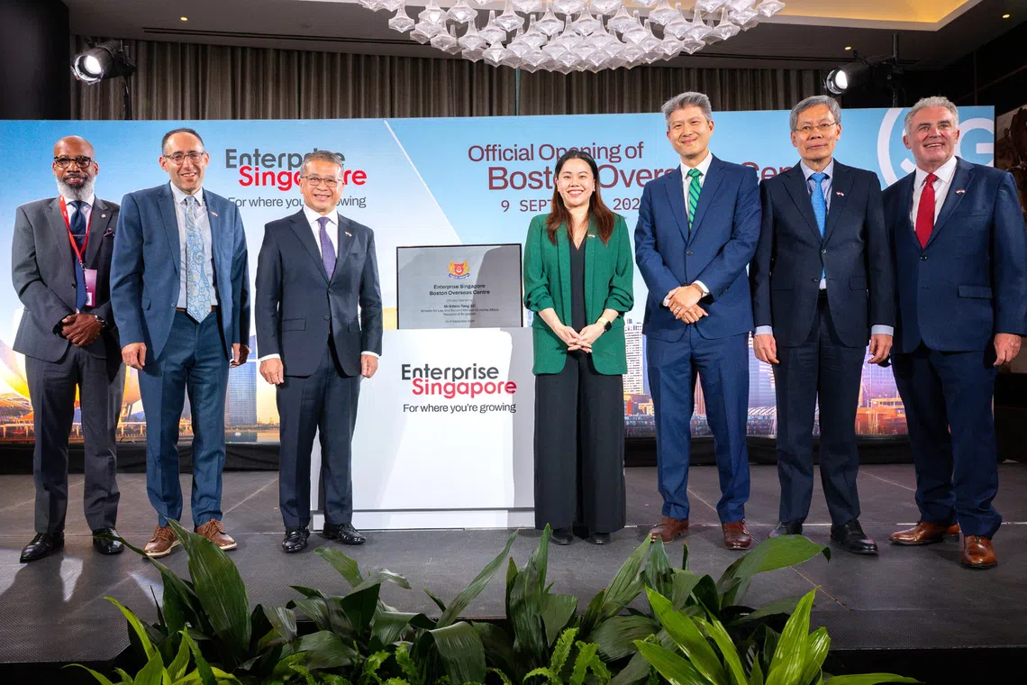 (From left) Donald Wright, Boston interim chief, office of economic opportunity and inclusion; Eric Paley, Massachusetts Secretary of Economic Development; Edwin Tong, Singapore’s  Minister for Law and Second Minister for Home Affairs; Cindy Khoo, managing director of Enterprise Singapore; Yi-An Huang, Cambridge city manager; Lui Tuck Yew, Singapore’s Ambassador to the US; and James E. Rooney, president and chief executive of Greater Boston Chamber of Commerce, at the launch of Enterprise Singapore’s Boston Overseas Office.