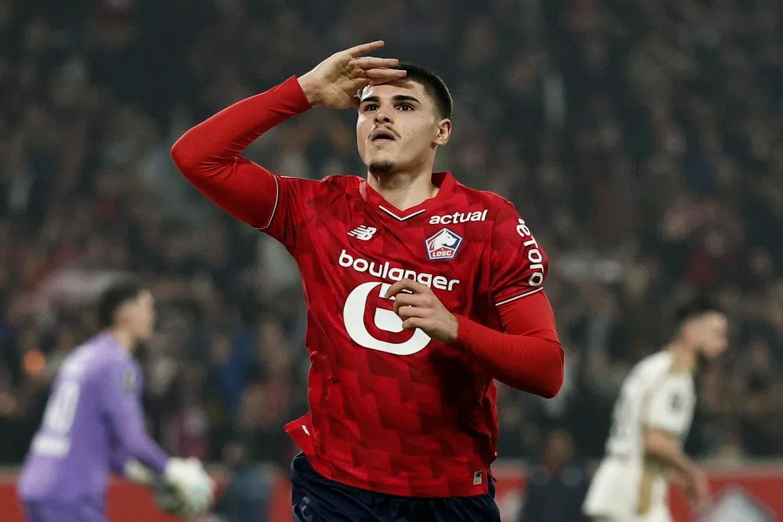 Soccer Football - Ligue 1 - Lille v RC Lens - Decathlon Arena Stade Pierre-Mauroy, Villeneuve-d'Ascq, France - April 4, 2026 Lille's Matias Fernandez-Pardo celebrates scoring their third goal REUTERS/Benoit Tessier