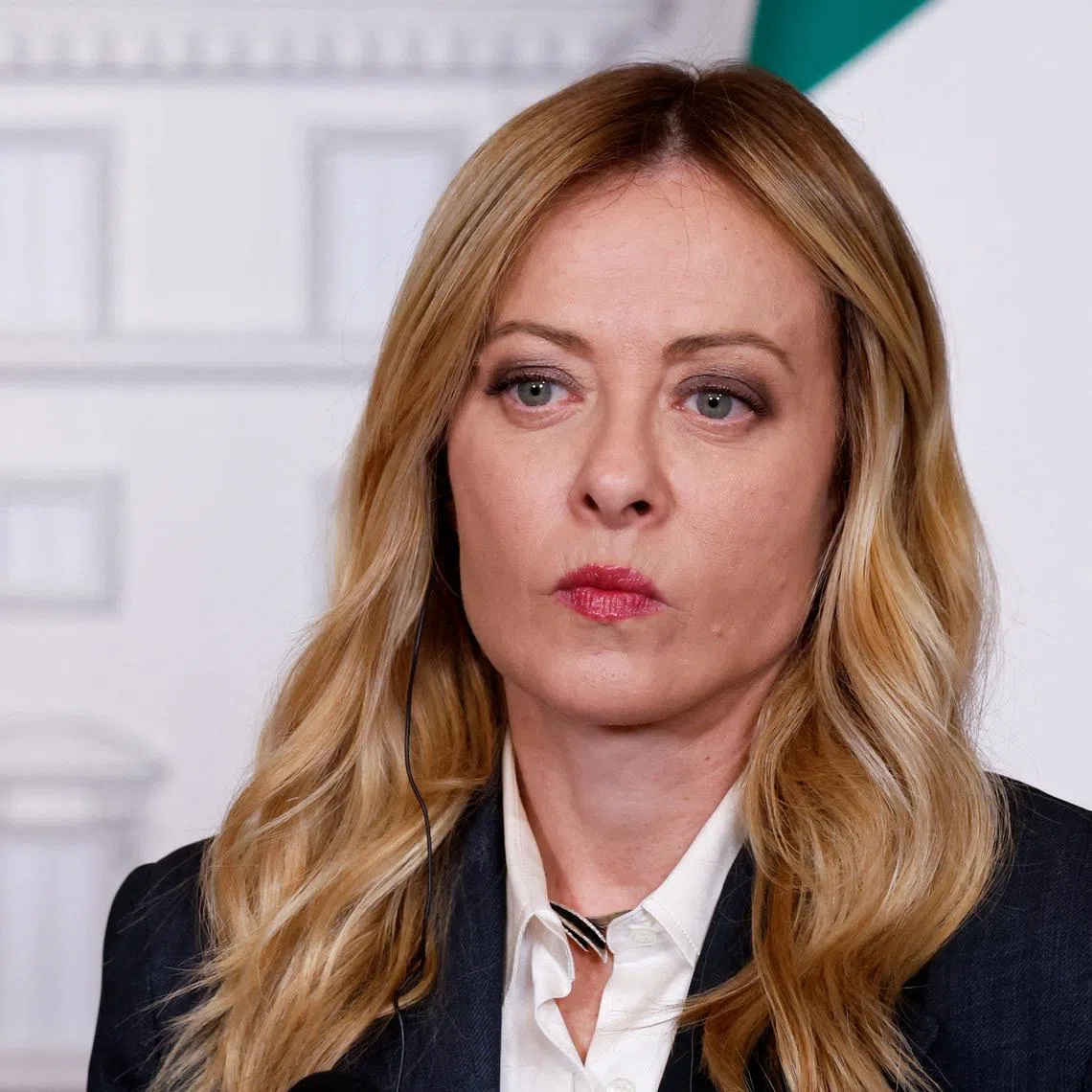 Italian Prime Minister Giorgia Meloni attends a joint press conference with Ukraine's President Volodymyr Zelenskiy (not pictured) at Chigi Palace, in Rome, Italy, April 15, 2026.