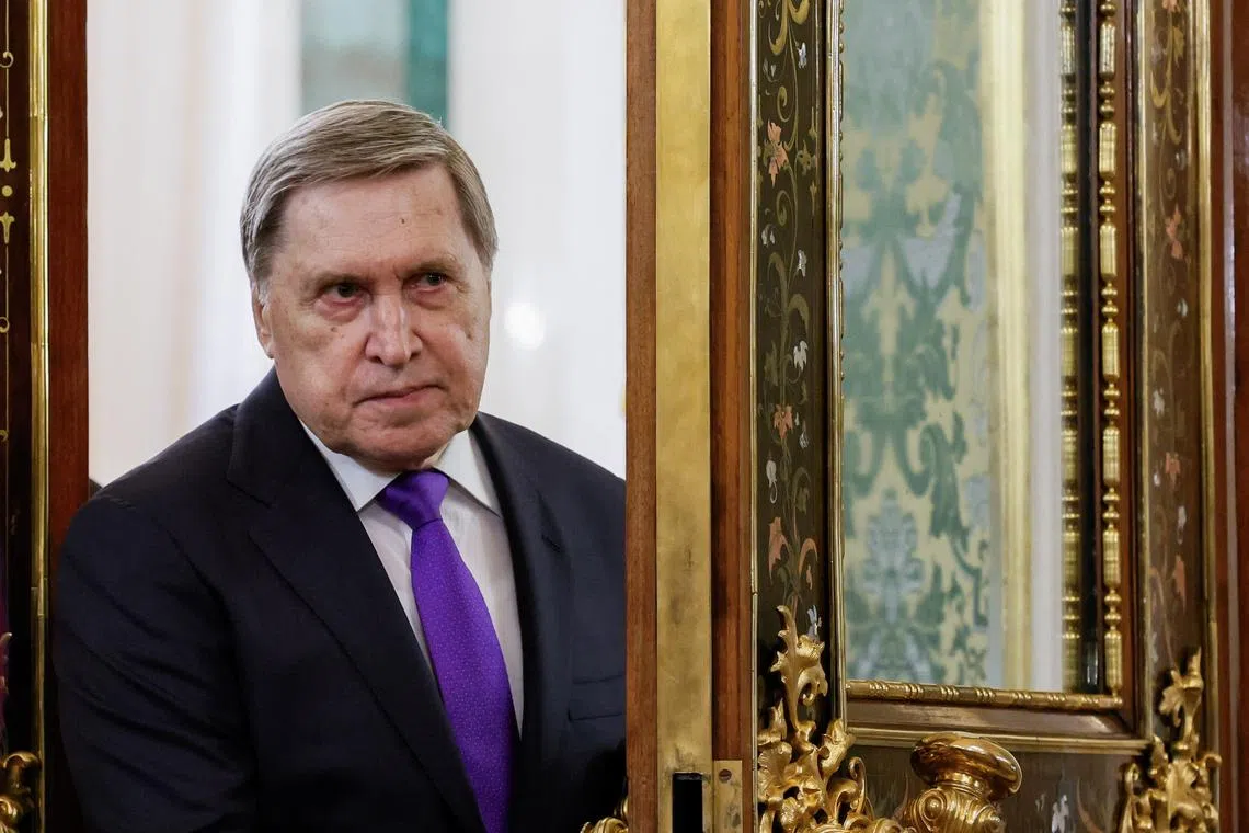 FILE PHOTO: Kremlin aide Yuri Ushakov attends a meeting of Russian President Vladimir Putin and Belarusian President Alexander Lukashenko at the Kremlin in Moscow, Russia, March 13, 2025. REUTERS/Maxim Shemetov/Pool/ File Photo