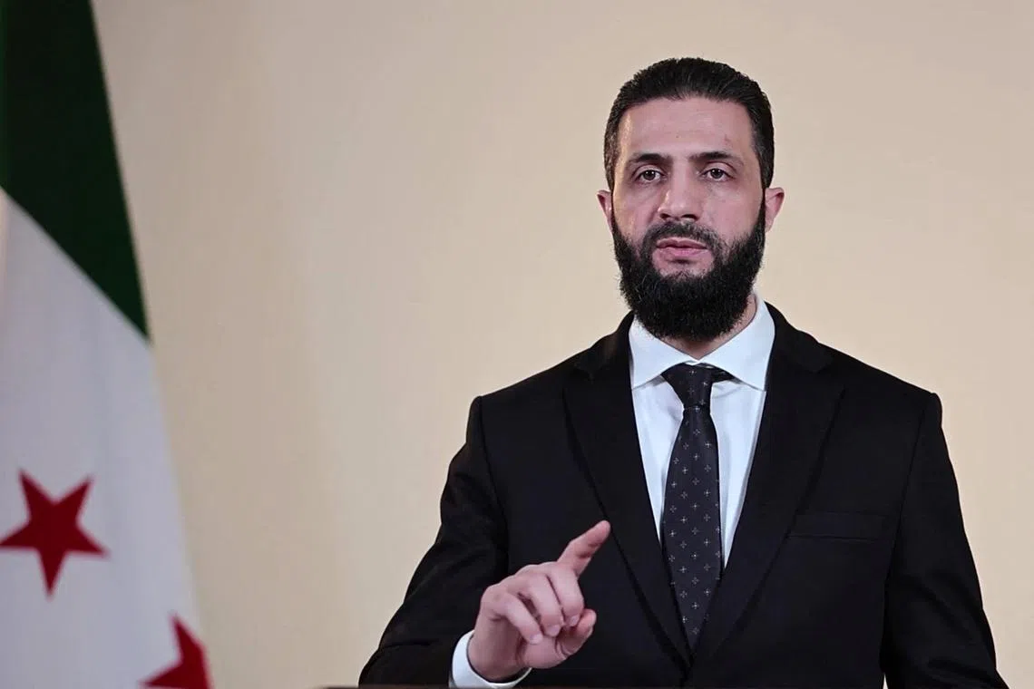 Syria's interim president Ahmed al-Sharaa speaking in Damascus on March 9. 