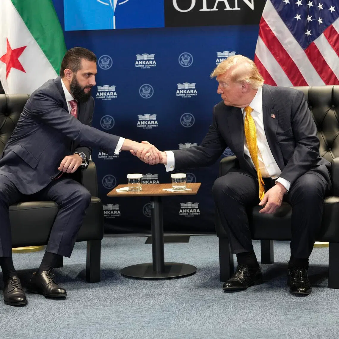 President Donald Trump, right, meets with President Ahmad al-Sharaa of Syria at the NATO Summit in Ankara, Turkey, on Wednesday, July 8, 2026. (Doug Mills/The New York Times)