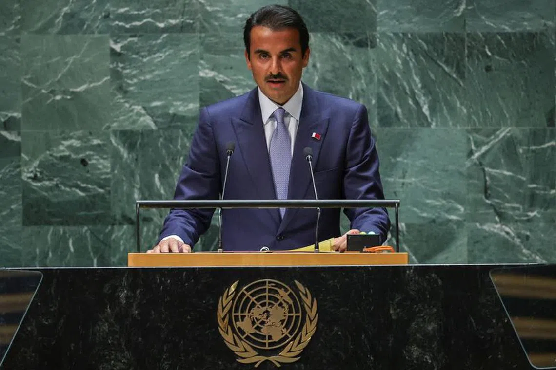 FILE PHOTO: Qatar's Emir Sheikh Tamim Bin Hamad Al-Thani addresses the 78th Session of the U.N. General Assembly in New York City, U.S., September 19, 2023.  REUTERS/Mike Segar/File Photo