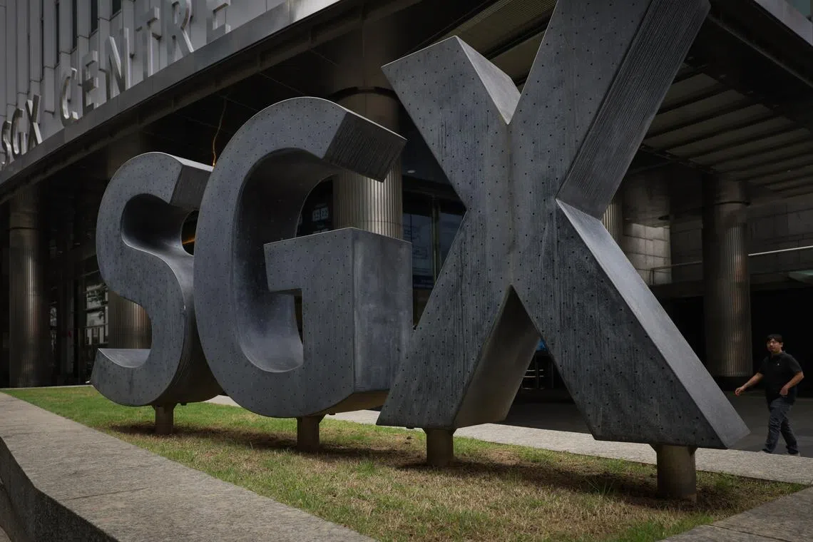 Generic photo of SGX logo along Shenton Way on Feb 9, 2024. Can use for stories on finance, business, trusted securities, insight, global market, investment, trading, stocks