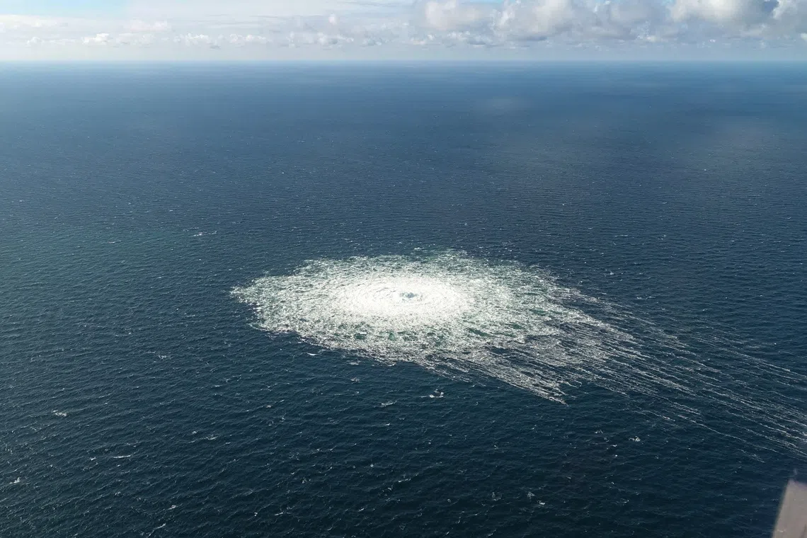 FILE PHOTO: Gas leak at Nord Stream 2 as seen from the Danish F-16 interceptor on Bornholm, Denmark September 27, 2022. Danish Defence Command/Forsvaret  Ritzau Scanpix/via REUTERS / File Photo