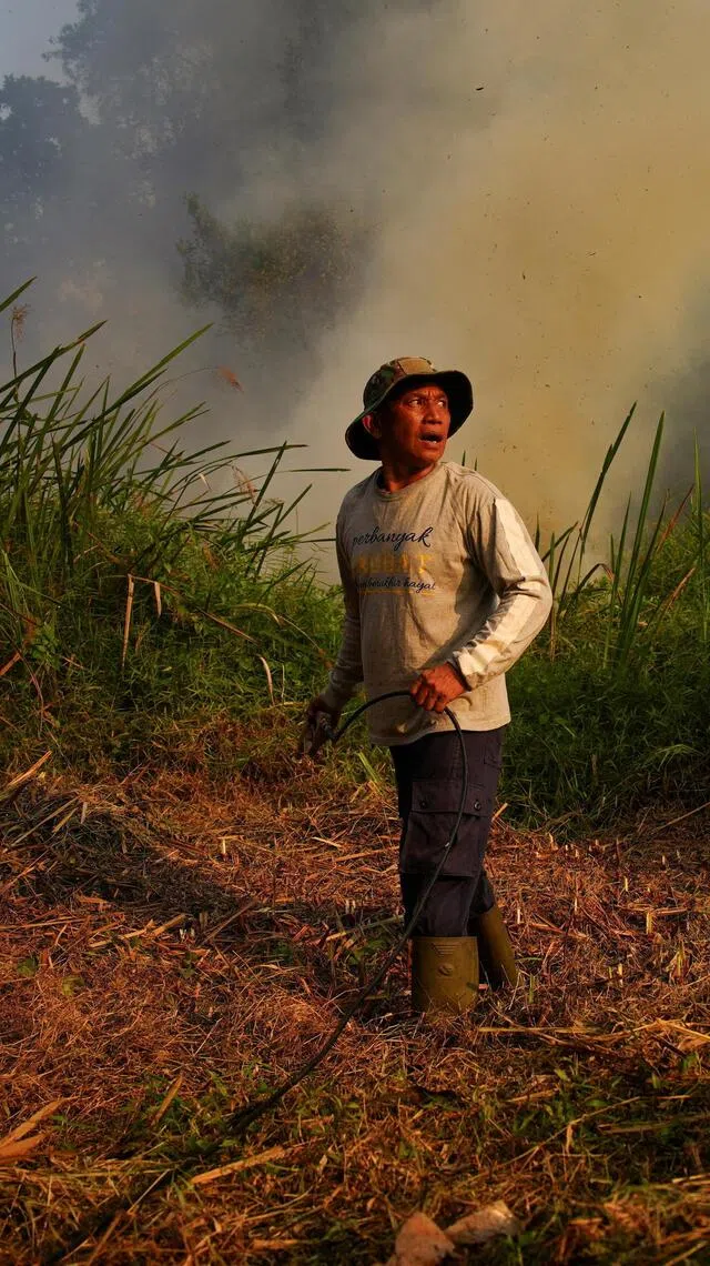 A man reacts as he attempts to extinguish a wildfire near his neighbourhood area in Palembang, South Sumatra province, Indonesia, August 10, 2026. REUTERS/Abriansyah Liberto     TPX IMAGES OF THE DAY