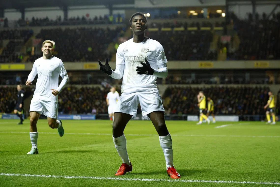 Arsenal's Eddie Nketiah celebrates scoring his second goal in the 3-0 win over Oxford in the FA Cup on Monday.