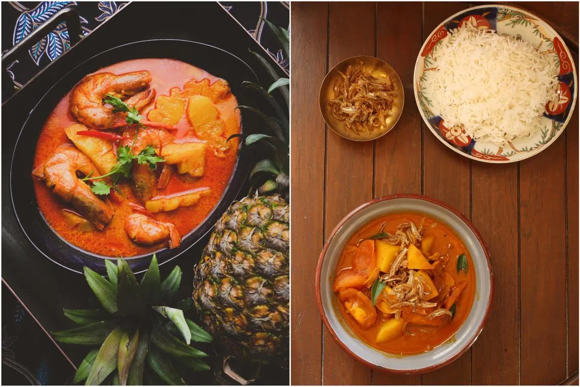 Lauk Udang Masak Nenas (left) from In A Chitty Melaka Kitchen and Kuah Lada Ikan Bilis from The Melaka Chetti Kitchen: Culinary Journey Of 500 Years.
