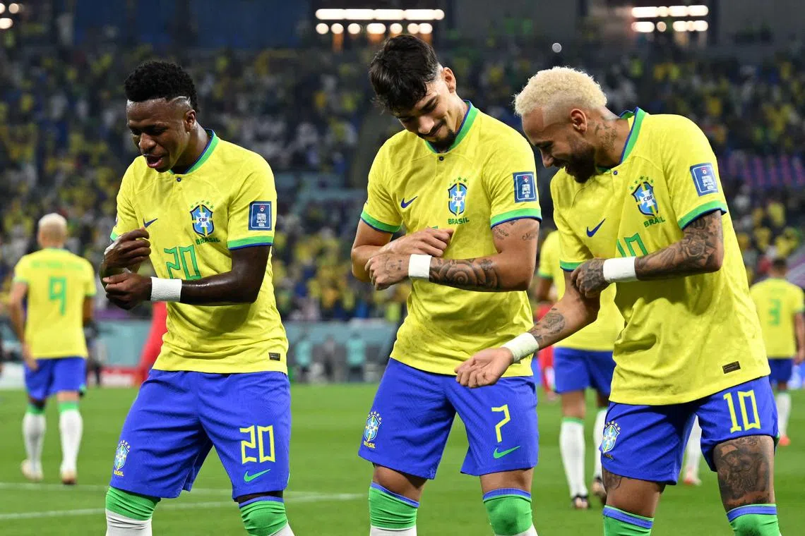 Brazil's Vinicius Junior, Lucas Paqueta and Neymar showing off their dance moves after scoring against South Korea.
