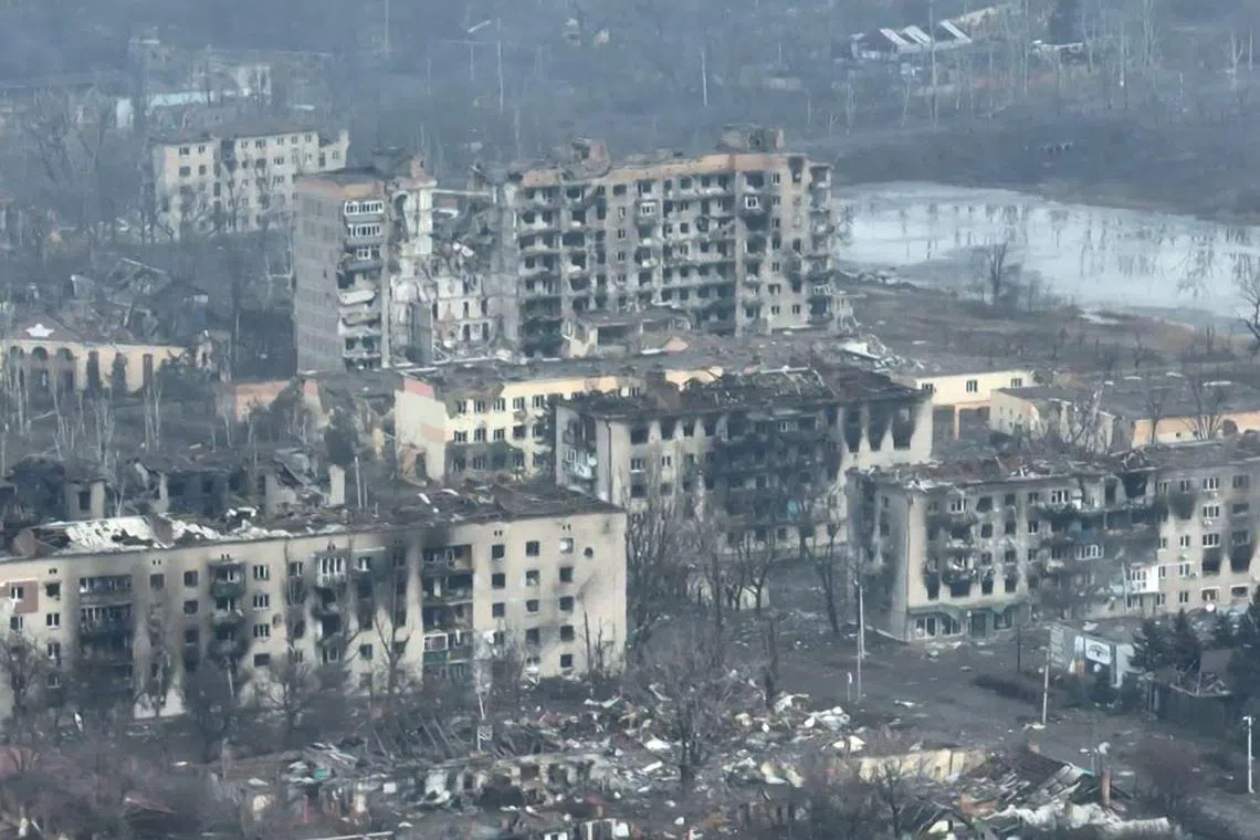A screengrab from a file video shows an aerial view of the destruction in the city of Bakhmut on February 27, 2023.