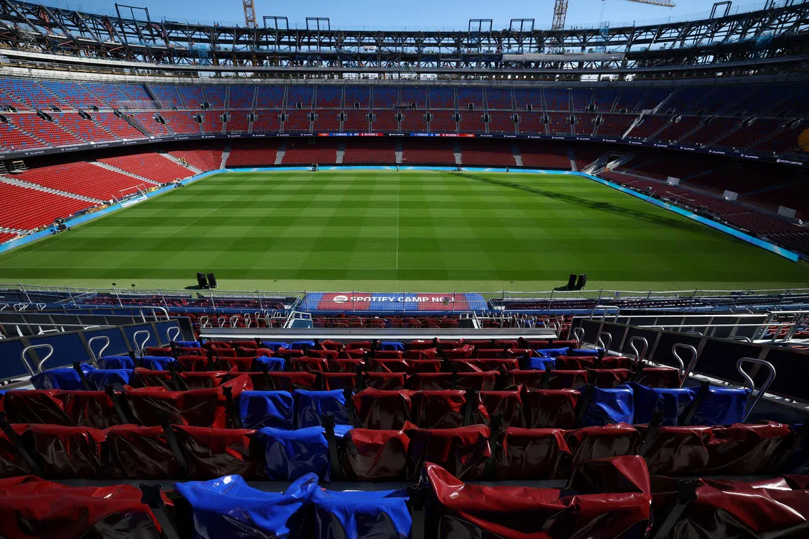 FILE PHOTO: Soccer Football - Visit of FC Barcelona's new Spotify Camp Nou, Barcelona, Spain - September 23, 2025 General view inside the stadium during the visit REUTERS/Albert Gea/File Photo