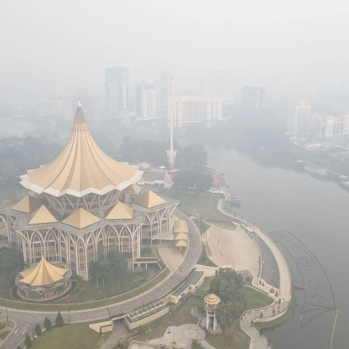 Haze shrouding the area around the Sarawak Legislative Assembly building in Kuching. The main Malaysia Day celebration will be moved to the Borneo Convention Centre Kuching on Sept 16.