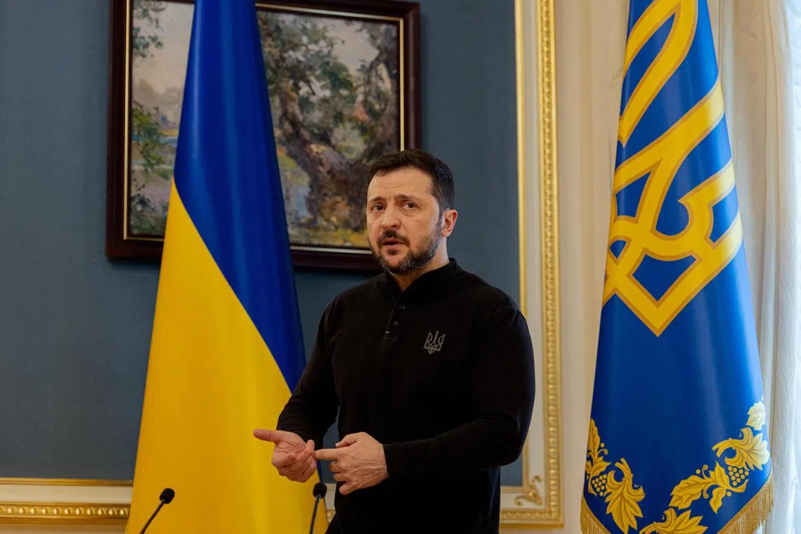 Ukrainian President Volodymyr Zelensky giving a press conference in Kyiv on Feb 19.