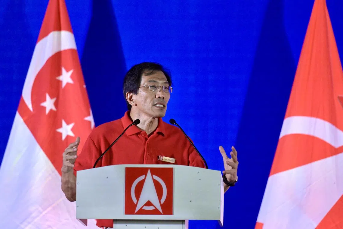 SDP chief Chee Soon Juan speaking at the rally in Evergreen Primary School on May 1.