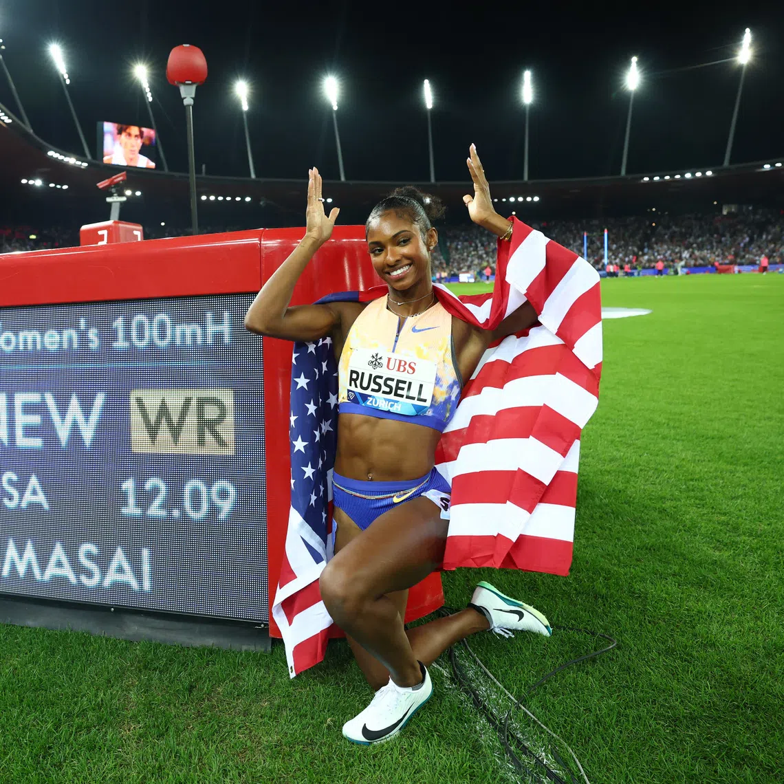 Masai Russell clocked 12.09sec in the women’s 100m hurdles to erase the previous mark of 12.12sec set by Nigeria’s Tobi Amusan in 2022.