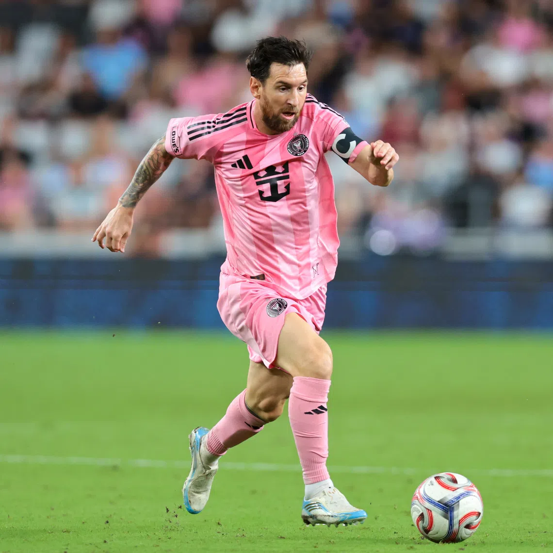 Sep 5, 2026; Miami, Florida, USA; Inter Miami CF forward Lionel Messi (10) dribbles the ball against Atlanta United during the second half at Nu Stadium. Mandatory Credit: Sam Navarro-Imagn Images