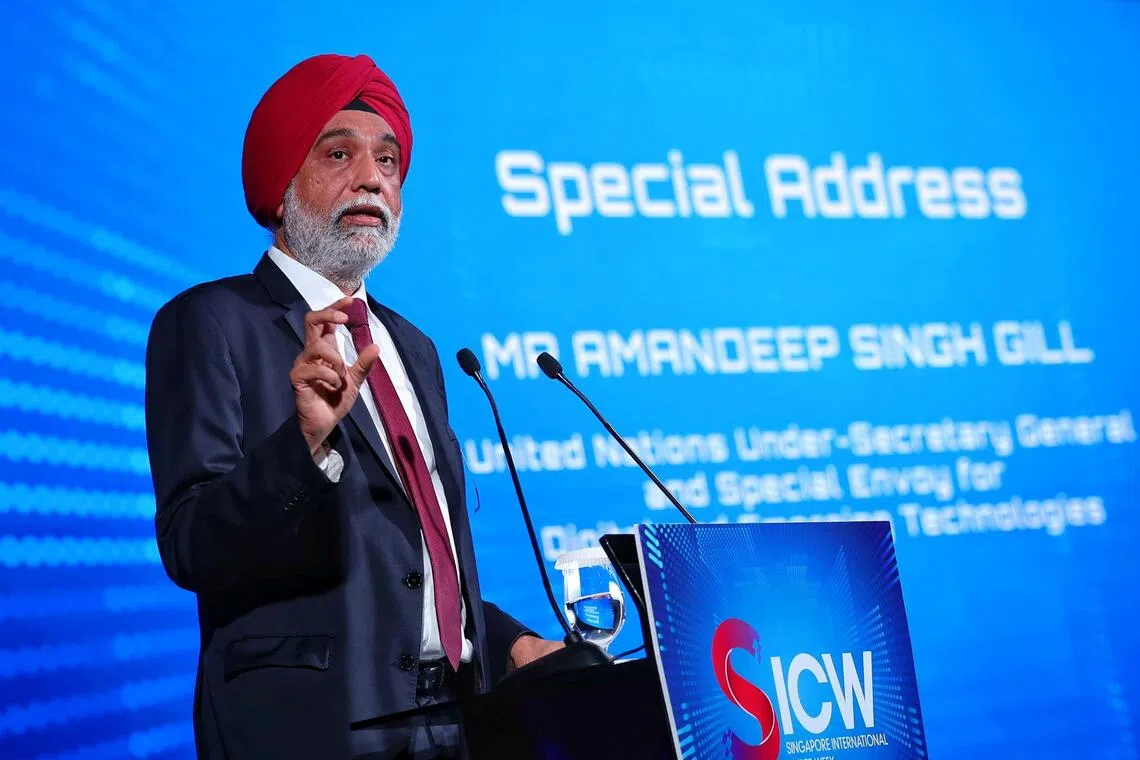 Amandeep Singh Gill, UN Under-Secretary-General and Special Envoy for Digital and Emerging Technologies, delivering a special address at the Singapore International Cyber Week 2026 in Marina Bay Sands Expo and Convention Centre on Oct 13, 2026. ST PHOTO: KEVIN LIM kncyber13