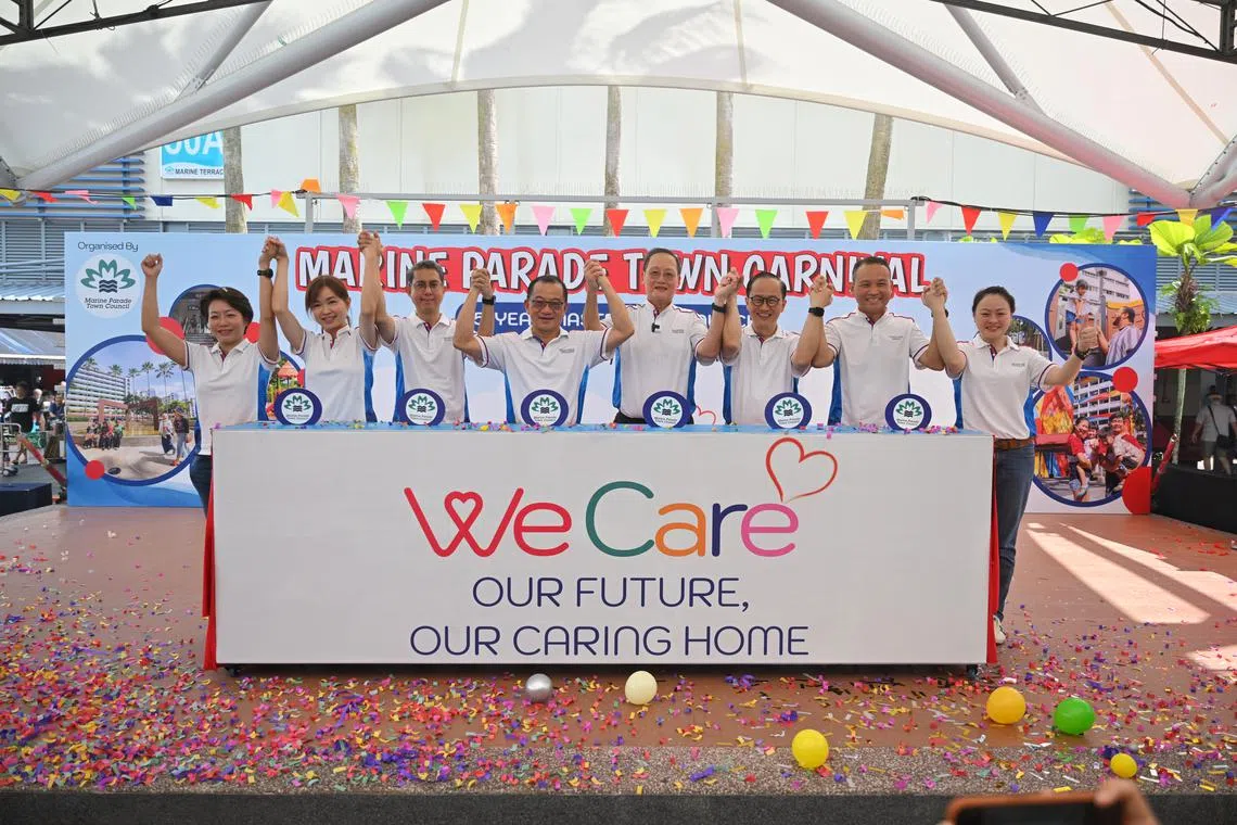 (From left)  Ms Gho Sze Kee, Ms Tin Pei Ling, Minister of State for Home Affairs and National Development Muhammad Faishal Ibrahim, Mr Seah Kian Peng, Manpower Minister Tan See Leng, Mr Lim Biow Chuan, Mr Mohd Fahmi Aliman and Ms Diana Pang at the launch of the Marine Parade Town Council five-year master plan on April 19.
