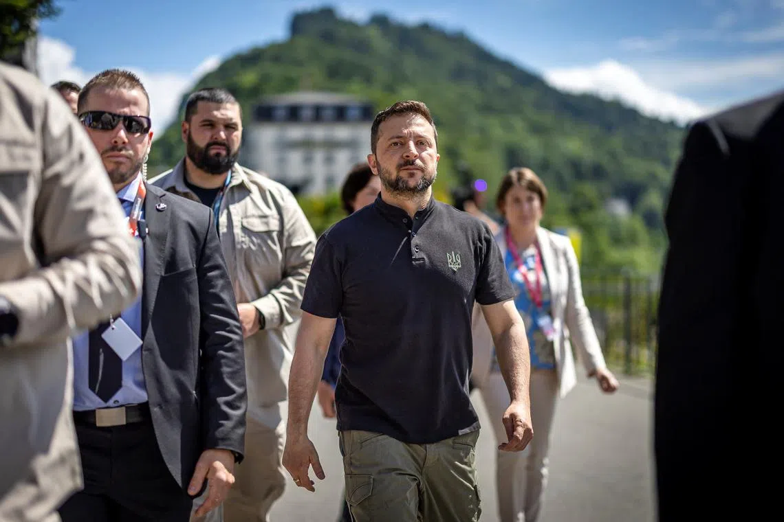 Ukrainian President Volodymyr Zelenskiy on his way during the Summit on peace in Ukraine, in Stansstad near Lucerne, Switzerland, June 16, 2024. MICHAEL BUHOLZER/Pool via REUTERS