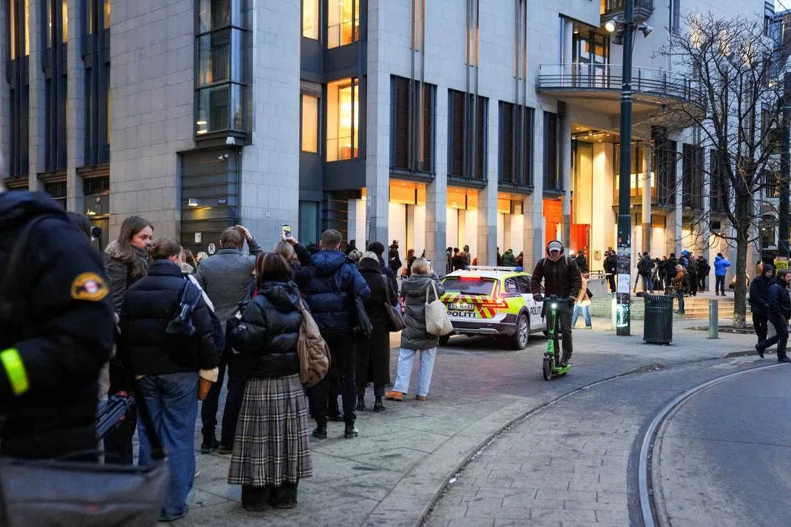 People queue outside Oslo Courthouse on Feb 3 before Marius Borg Hoiby's trial. He pleaded not guilty to four counts of rape. 