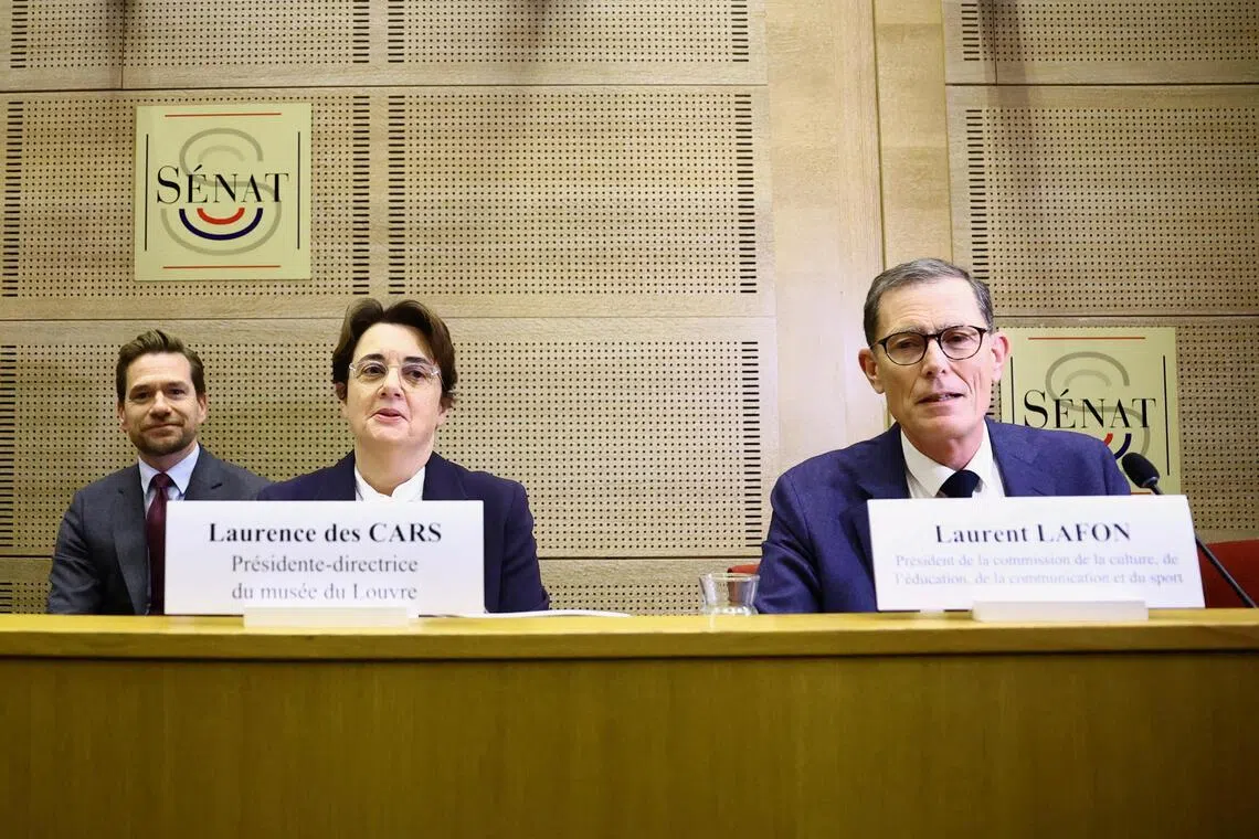 Louvre director Laurence des Cars (left) attending a French Senate hearing on Oct 22 about the Oct 19 theft, with French Senator Laurent Lafon.