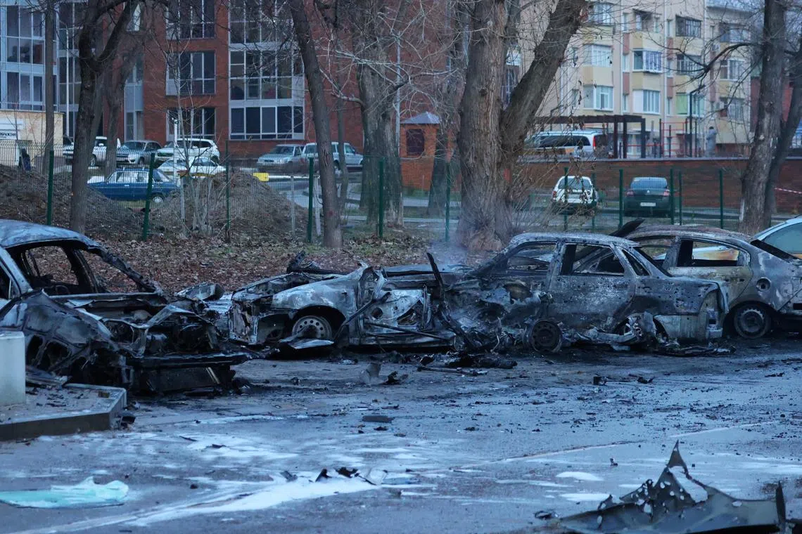 A view shows burned out cars, following what Russian authorities say was a Ukrainian military strike in Belgorod, Russia.