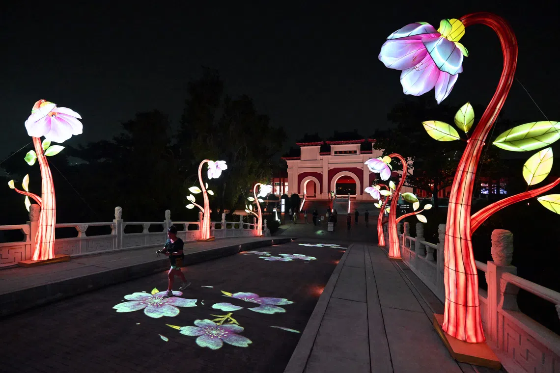 Projected images of floral designs illuminate the famous White Rainbow Bridge.