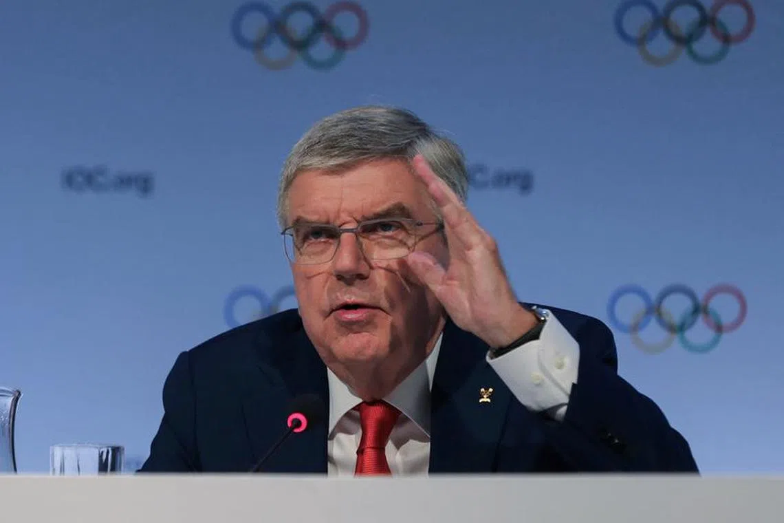 International Olympic Committee (IOC) President Thomas Bach gestures as he speaks during a news conference, ahead of the 141st IOC Session, in Mumbai, India, October 13, 2023. REUTERS/Niharika Kulkarni