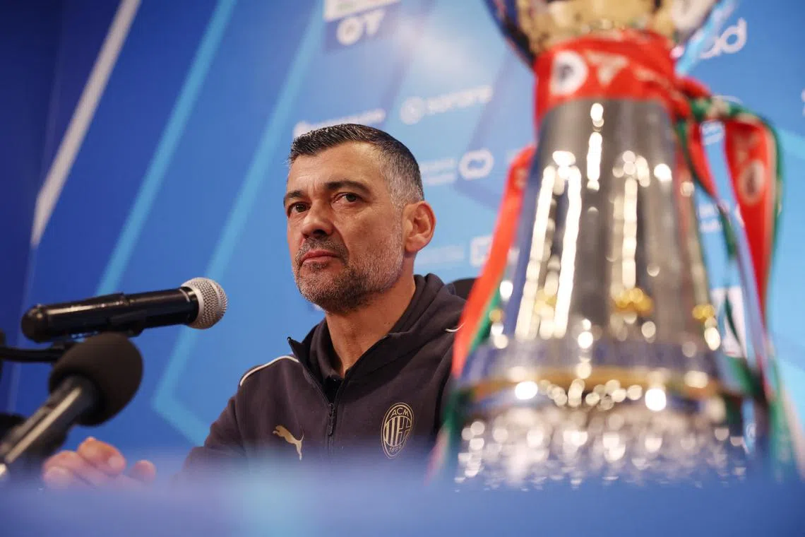 Soccer Football - Italian Super Cup - Final - AC Milan Press Conference - Al Awwal Park, Riyadh, Saudi Arabia - January 5, 2025 AC Milan coach Sergio Conceicao during the press conference REUTERS/Claudia Greco