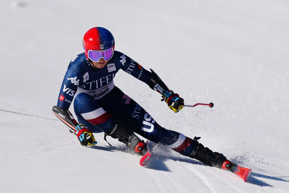 Mar 25, 2025; Sun Valley, ID, USA; Lauren Macuga of the United States in the second run of the women's giant slalom alpine skiing race in the 2025 FIS Ski World Cup at Sun Valley. Mandatory Credit: Christopher Creveling-Imagn Images