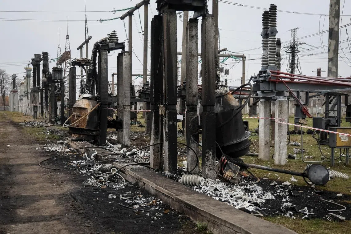 FILE PHOTO: A view shows a high-voltage substation of Ukrenergo damaged by a Russian military strike, amid Russia's attack on Ukraine, in an undisclosed location in central Ukraine November 10, 2022. REUTERS/Gleb Garanich/File Photo
