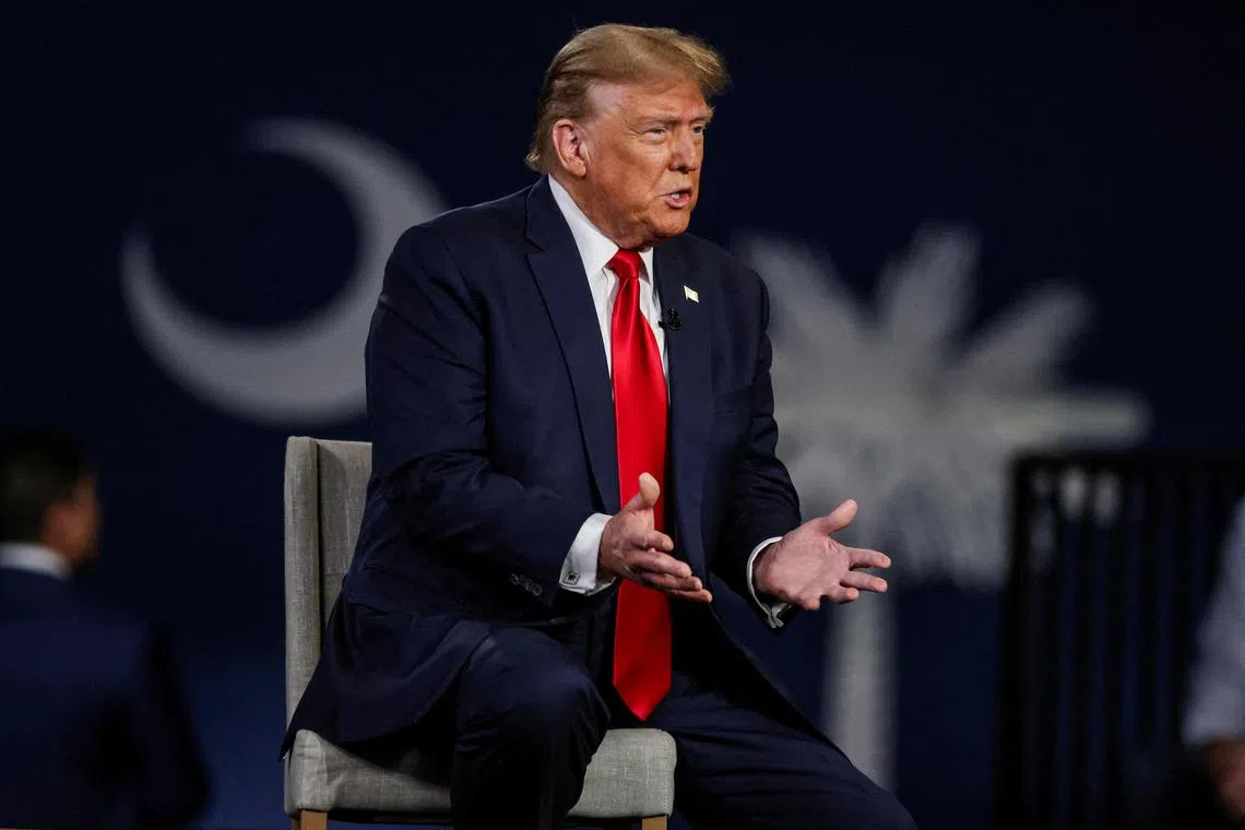Former U.S. President and Republican presidential candidate Donald Trump participates in a Fox News town hall with Laura Ingraham in Greenville, South Carolina, U.S. February 20, 2024.  REUTERS/Sam Wolfe