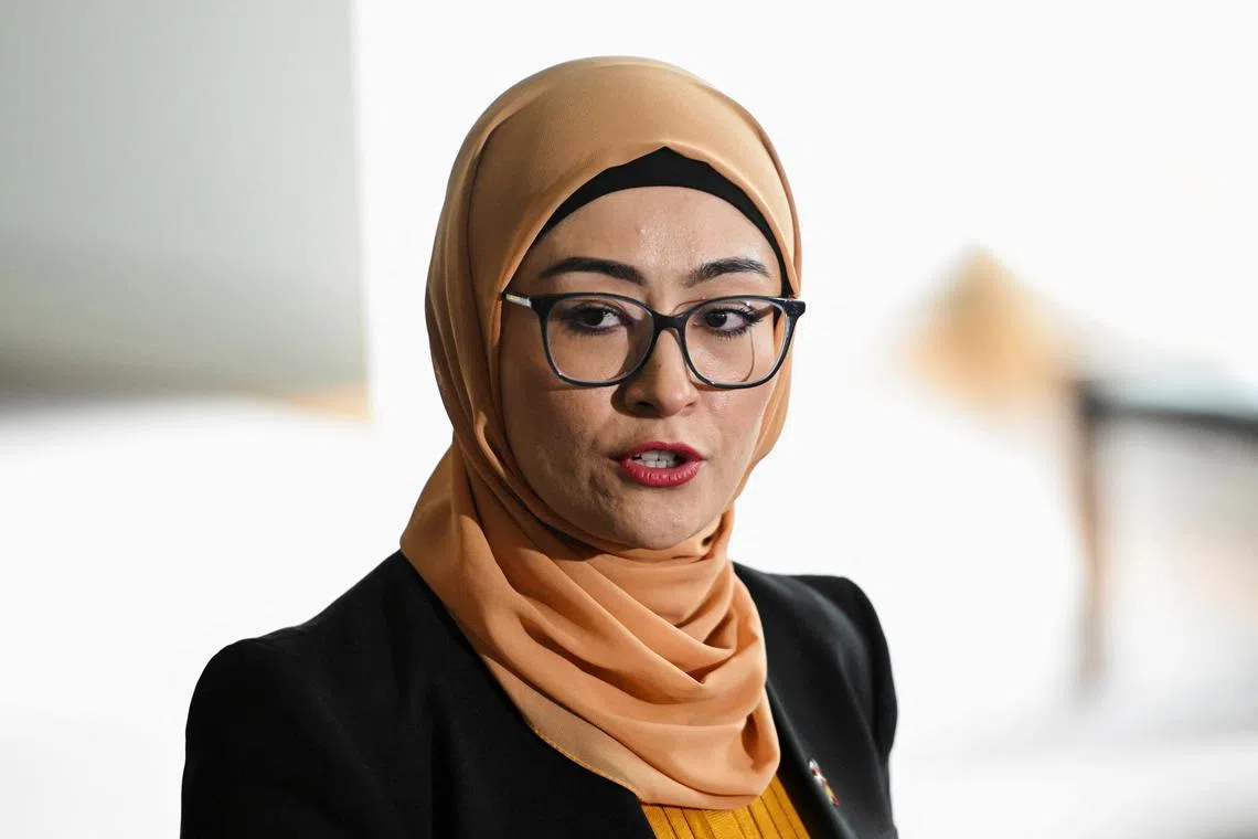 Western Australia Senator Fatima Payman holds a press conference in the Mural Hall of the Australian Parliament House, in Canberra, Australia, July 4, 2024. REUTERS/Tracey Nearmy