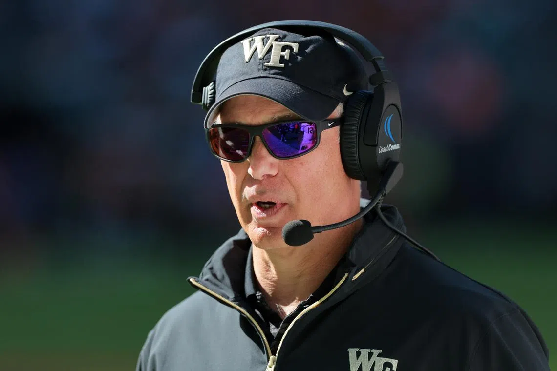 Nov 23, 2024; Miami Gardens, Florida, USA; Wake Forest Demon Deacons head coach Dave Clawson looks on against the Miami Hurricanes during the second quarter at Hard Rock Stadium. Sam Navarro-Imagn Images/File Photo