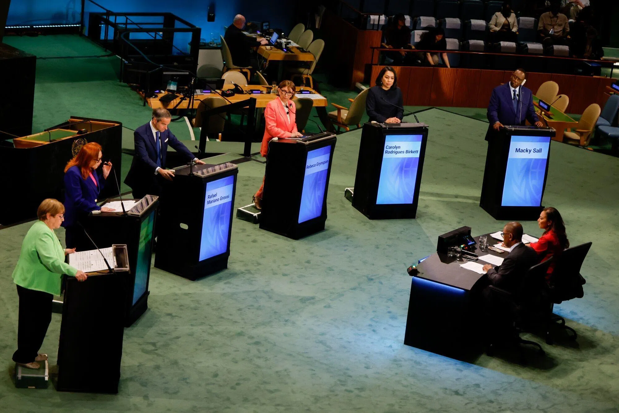 Candidates (from left) Michelle Bachelet of Chile, Maria Fernanda Espinosa of Ecuador, Rafael Mariano Grossi of Argentina, Rebeca Grynspan of Costa Rica, Carolyn Rodrigues Birkett of Guyana, and Senegal’s Macky Sall taking part in a debate, entitled UN Town Hall: The Next Secretary-General, on July 23.