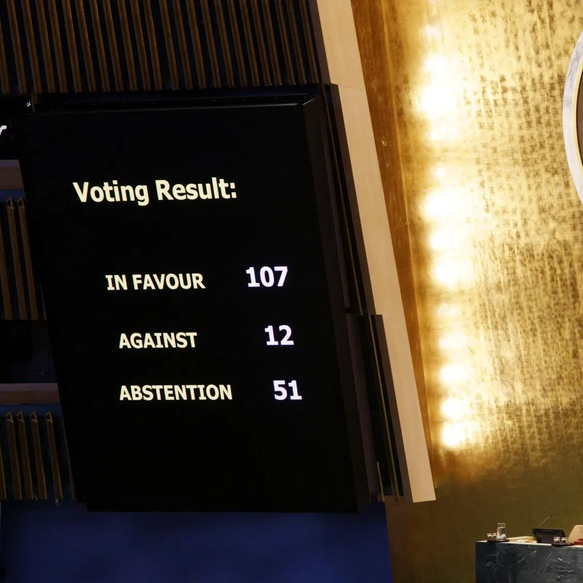 A screen showing the voting results approving a UN draft resolution in support of lasting peace in Ukraine on Feb 24. 