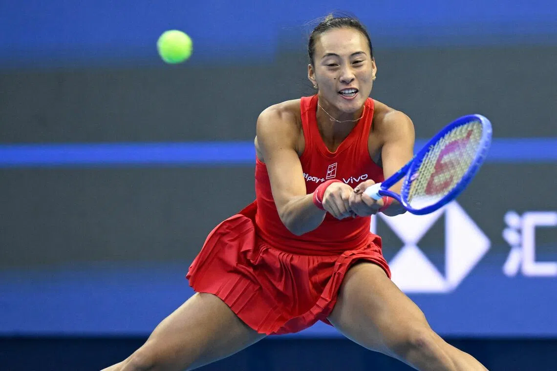 China’s Zheng Qinwen in her three-set win over Russia’s Anna Kalinskaya at the China Open in Beijing on Oct 3.