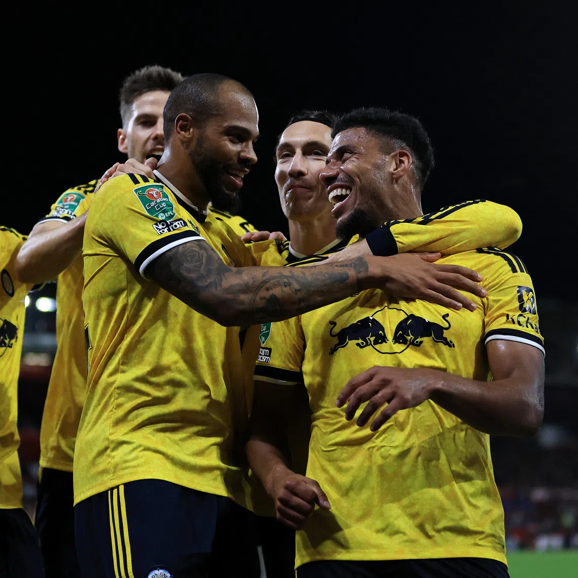 Leeds United’s James Justin celebrates their second goal with teammates in their 2-0 League Cup win over Nottingham Forest.