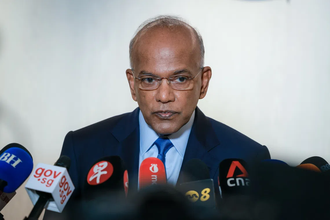 Senior Minister K. Shanmugam speaking with the media at the Treasury Building on Oct 28.