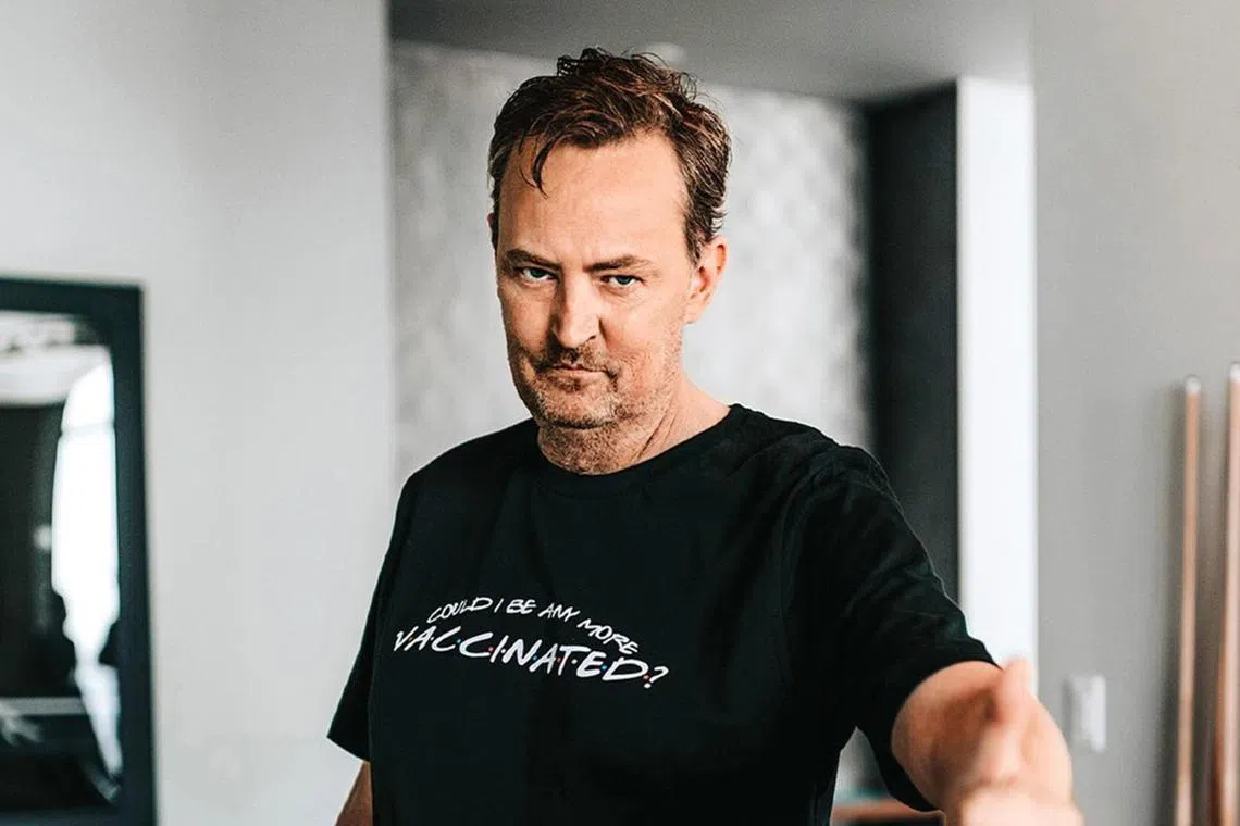 Matthew Perry promoting T-shirts that read “Could I be any more vaccinated?” The word "be" was one of the Friends’ actor catchphrase.