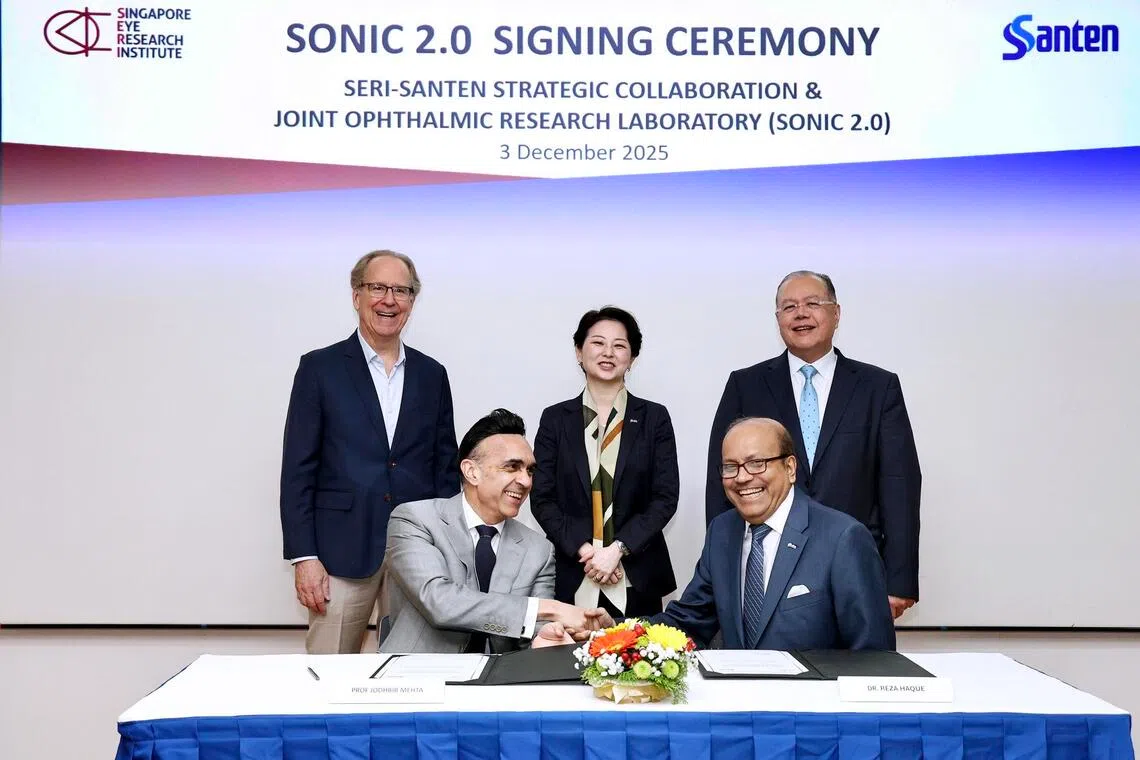 azsonic03 - ST20251203_202527200202. Hester Tan. The Singapore Eye Research Institute and Santen Pharmaceutical will partner on the Santen-SERI Open Innovation Center (SONIC) 2.0, a S$21 million collaboration focusing on glaucoma, ocular surface disease, presbyopia and myopia and advance novel therapeutics that for unmet clinical needs at SNEC Auditorium on 3 December 2025

Top row: (L) Prof Thomas Coffman, Dean of Duke-NUS Medical School, Miss Rie Nakajima, Director of the Board, Chief Operating Officer, Santen and Prof Aung Tin, CEO, Singapore National Eye Centre

Bottom Row: (L) Prof Jodhbir Mehta, Director, Singapore Eye Research Institute and Dr Reza Haque, Head of Ophthalmology Innovation Center, Santen

ST PHOTO: HESTER TAN