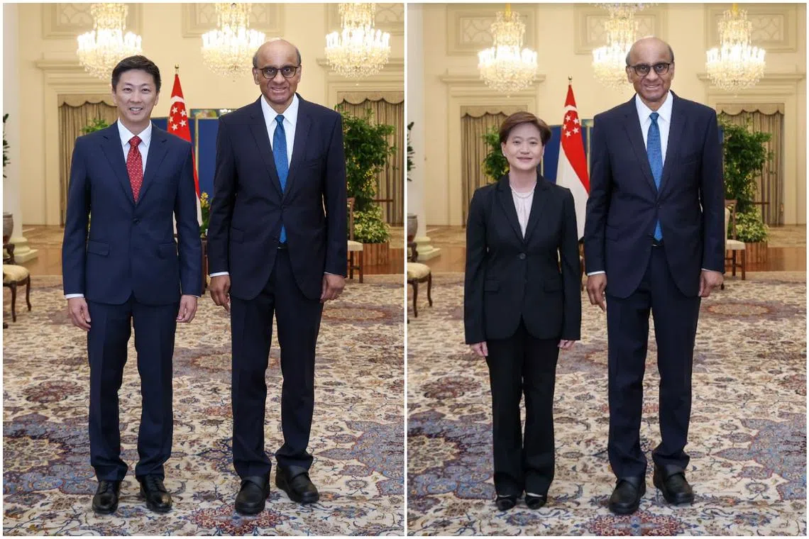Singapore's new ambassadors to Israel Ian Mak Jung-I (left) and Thailand Catherine Wong Siow Ping (right) at their appointment ceremonies with President Tharman Shanmugaratnam.