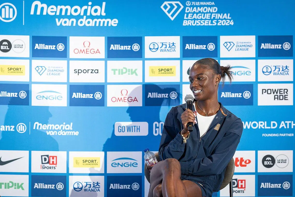 Saint Lucian sprinter Julien Alfred speaks during a press conference ahead of the Diamond League finals in Brussels.