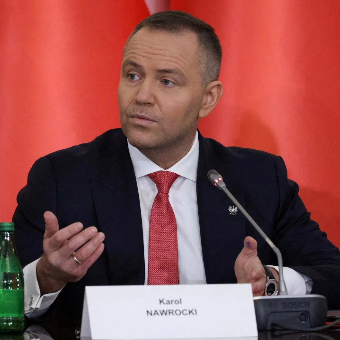 Polish President Karol Nawrocki speaks during a National Security Council meeting at the Presidential Palace in Warsaw, Poland, February 11, 2026. REUTERS/Kuba Stezycki