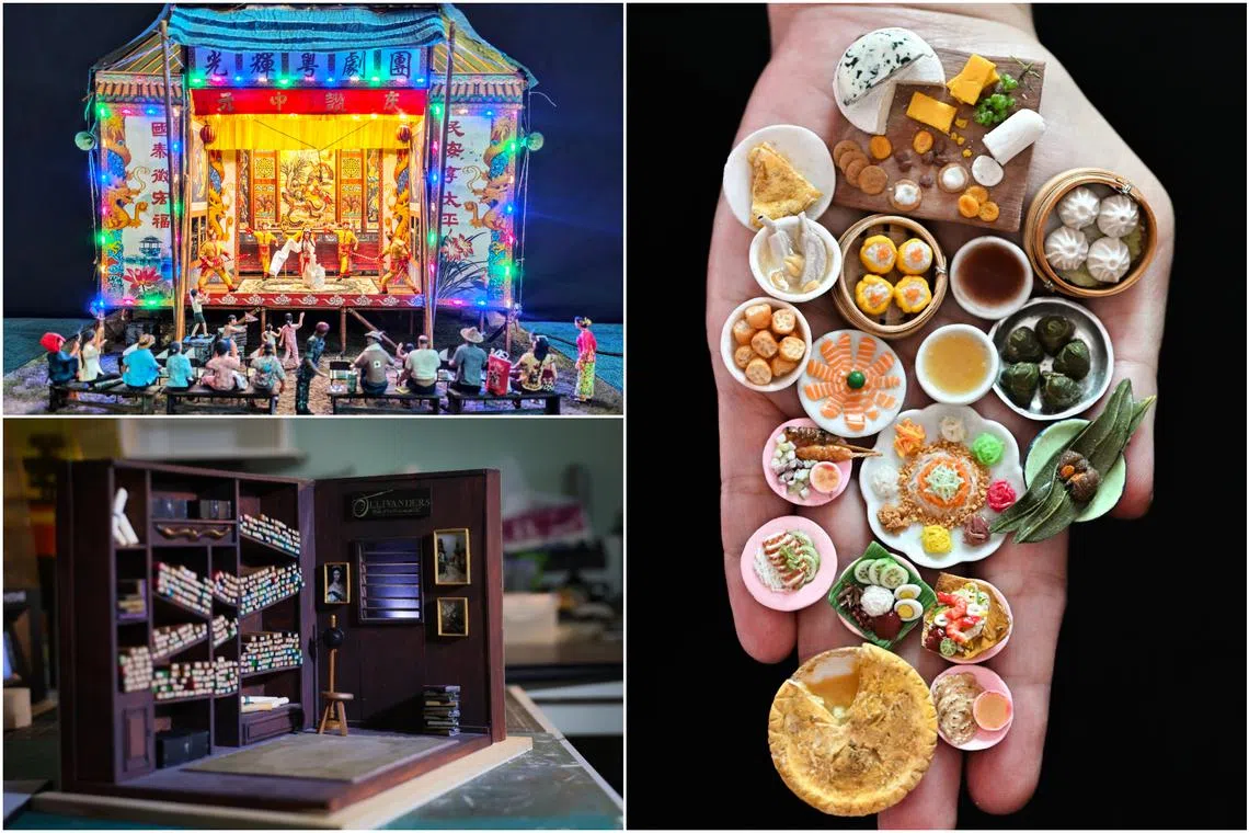 (Clockwise from top left) Mr Wilfred Cheah's latest model of a 'wayang' show, a collection of miniature food replicas and accessories done by Ms Celeste Chow, and  miniature models made by Mr Anthony Ong.