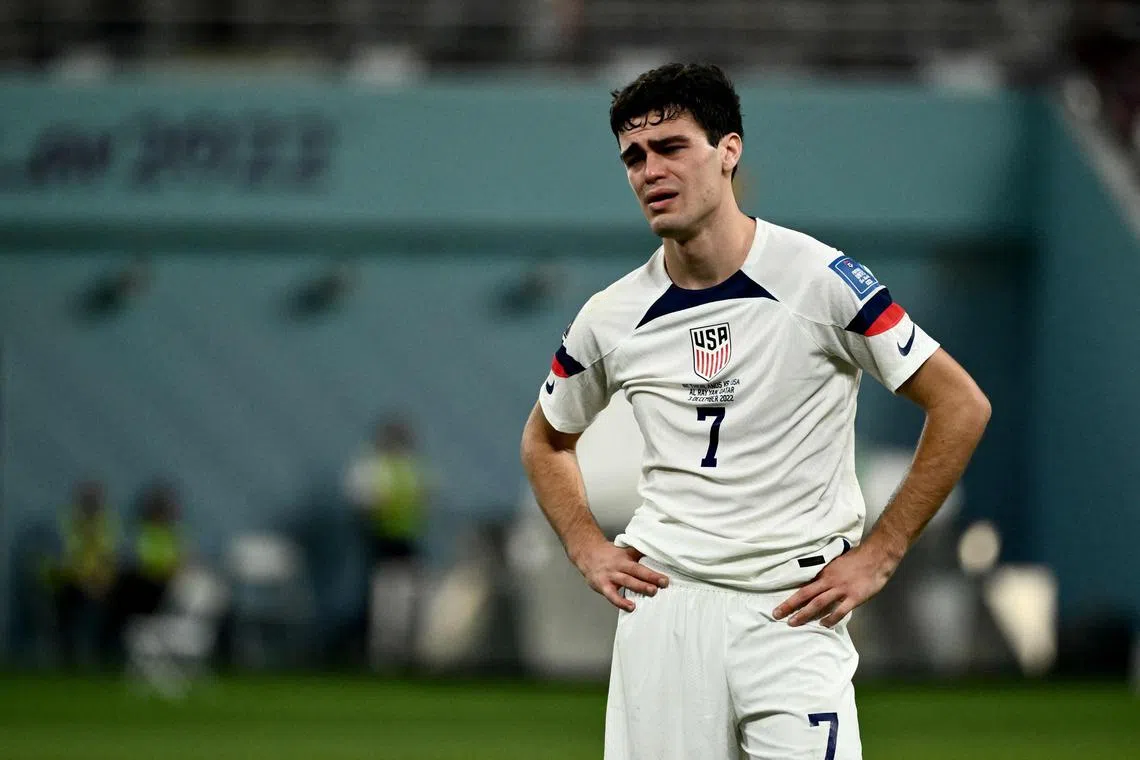 United States forward Giovanni Reyna in tears following his side's loss to the Netherlands in their World Cup last-16 clash at Khalifa International Stadium on Dec 3.