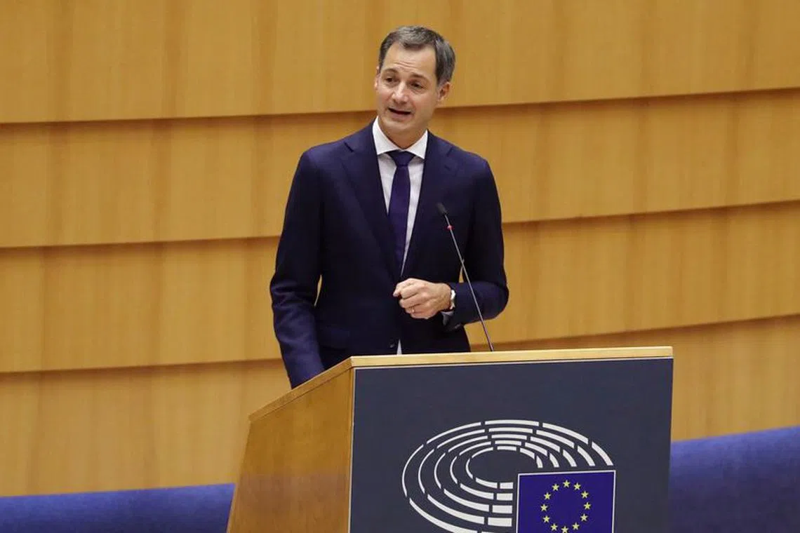 FILE PHOTO: Belgium's new Prime Minister Alexander De Croo speaks in Brussels, Belgium October 1, 2020.  REUTERS/Yves Herman/File Photo