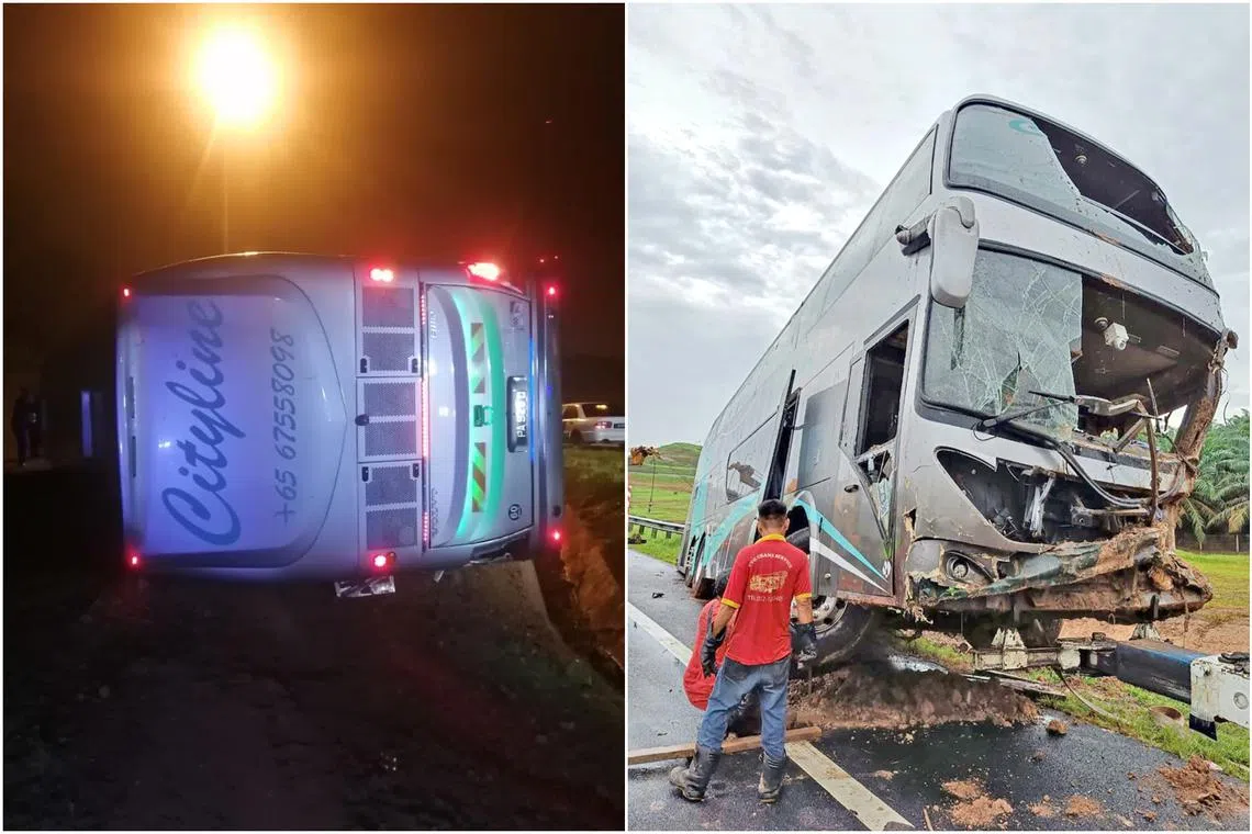 The bus skidded off the highway in Johor and turned turtle in the early hours of Dec 27. 