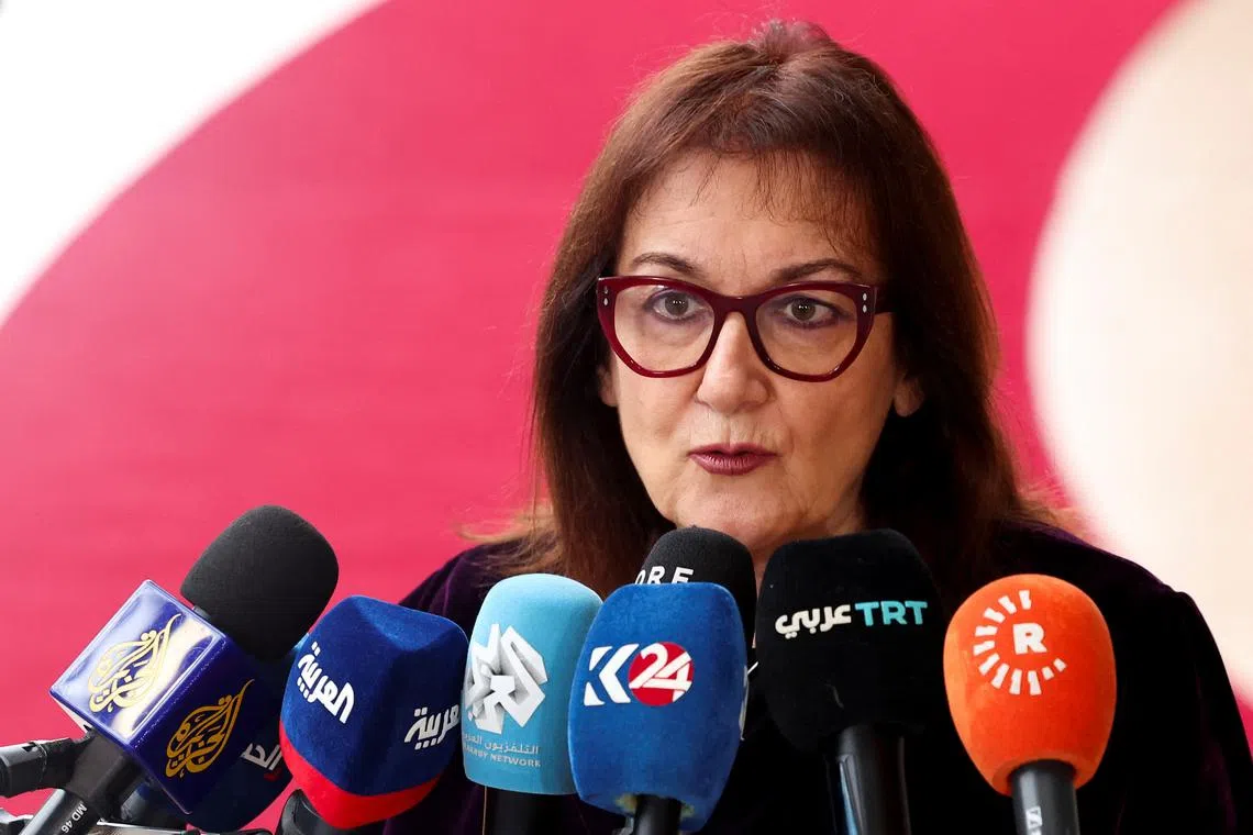 FILE PHOTO: European Commissioner for Mediterranean Dubravka Suica speaks to the media in Brussels, Belgium March 17, 2025. REUTERS/Yves Herman/File Photo